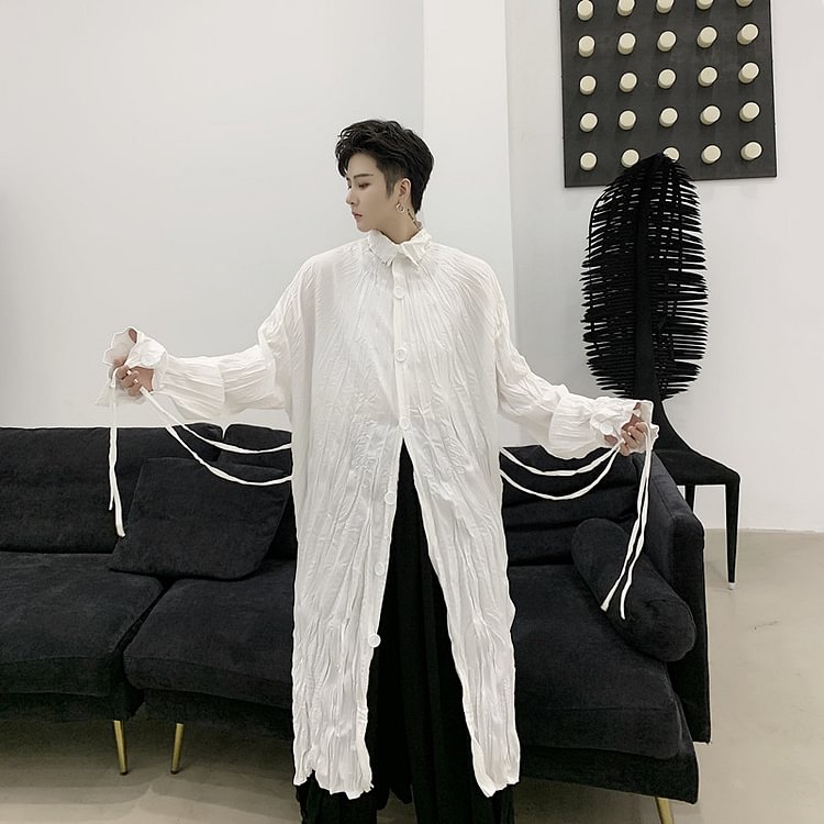 Dawfashion-Yamamoto Dark Wind Pleated Long Tie Shirt-Yamamoto Diablo Clothing
