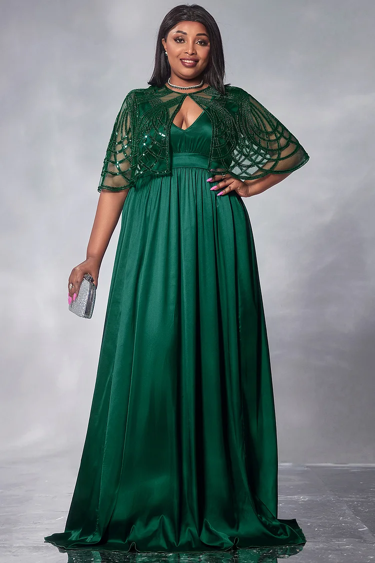 Xpluswear Design Plus Size Formal Maxi Dresses Elegant Green Fall Winter V Neck Cape Sleeve Satin Maxi Dresses [Pre-Order]