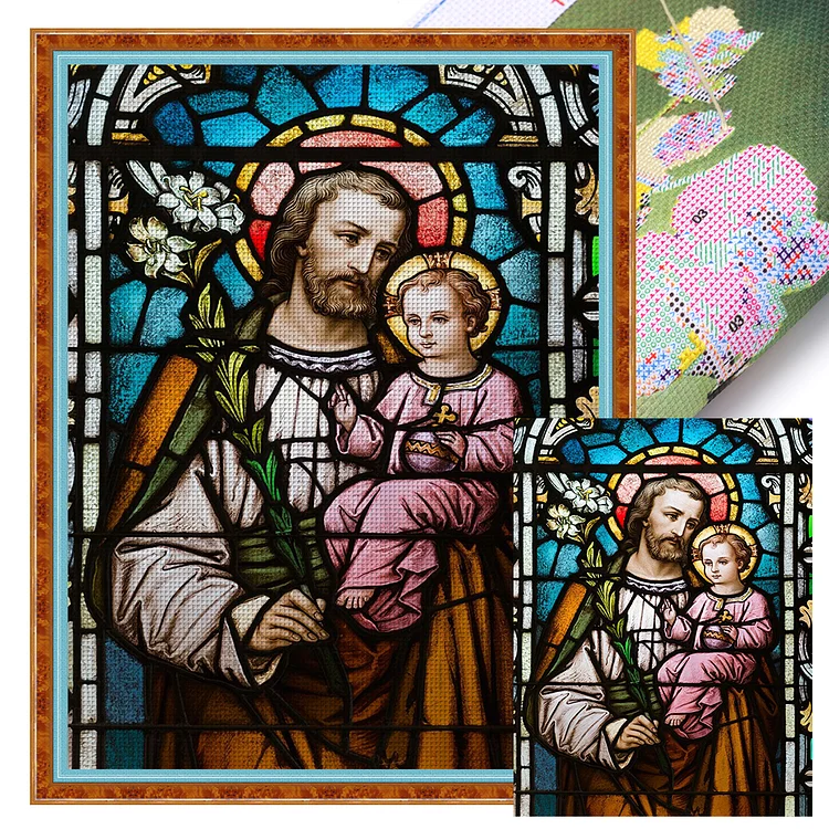 【Huacan Brand】Glass Art - Religion Priest And Child 14CT Stamped Cross Stitch 50*65CM