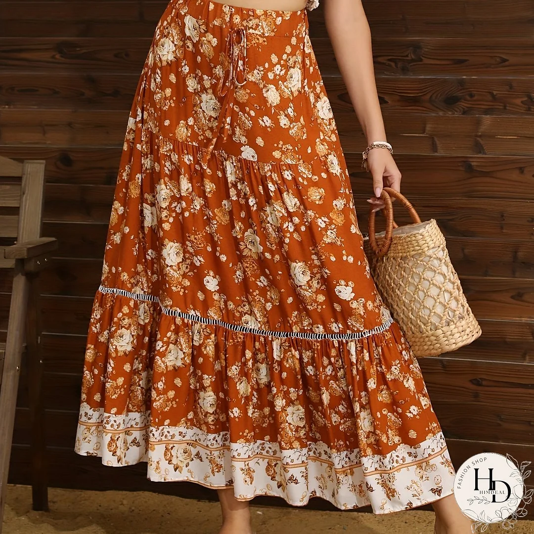 Floral Print Cut Out Tiered Skirt, Boho Drawstring Layered Skirt For Spring & Summer, Women's Clothing