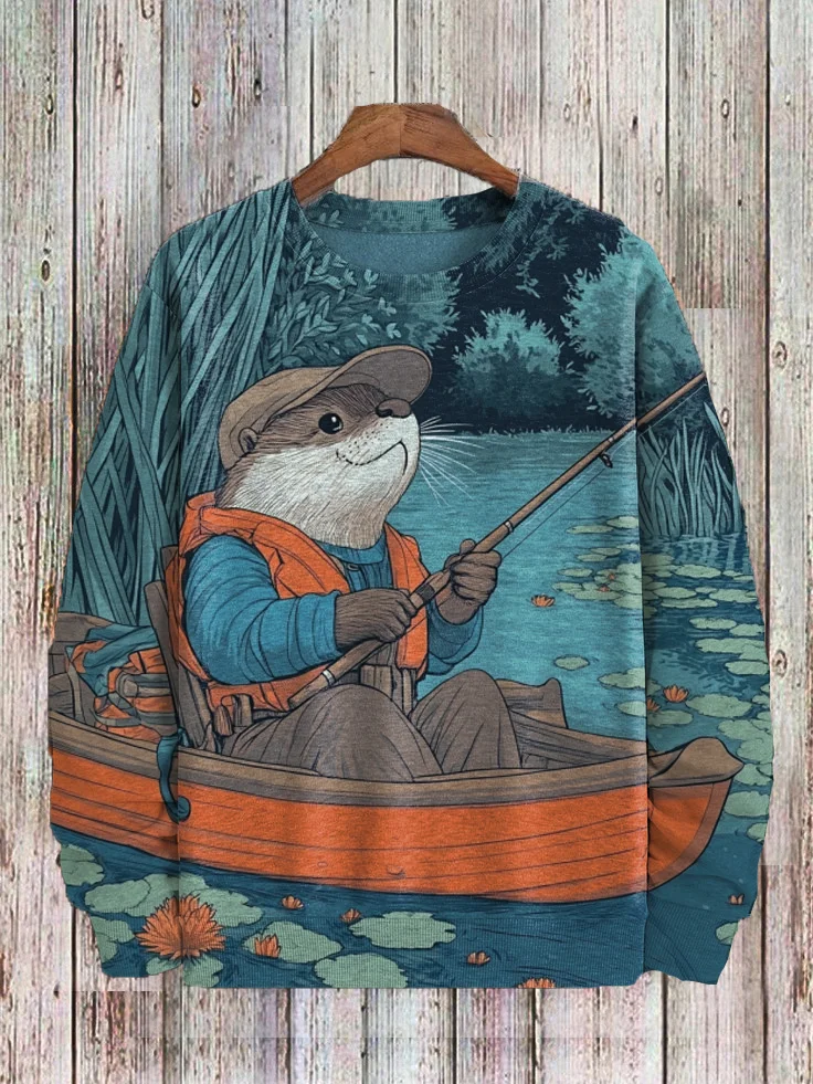 Men's Lotus Pond Otter Fishing Art Print Casual Sweatshirt