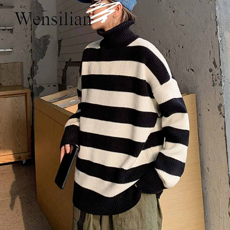Winter Pullovers Woman Striped Knit Sweater Oversize Casual Jumper Couple Harajuku Sweatshirt Crew Neck Pullover Sueter De Mujer