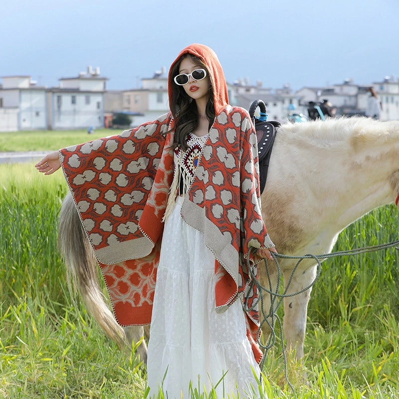 Ethnic Style Hooded Shawl Cloak Lijiang Xinjiang Tibet Northwest Tourism Wear Photograph Warm Outer Cape