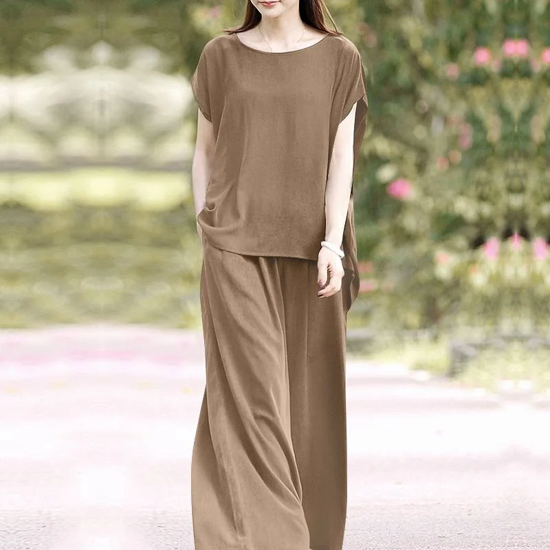 ZANZEA Oversized Summer Trousers Suits 2PCS Women Matching Sets Fashion Short Sleeve Blouse Wide Leg Pants Sets Loose Tracksuit