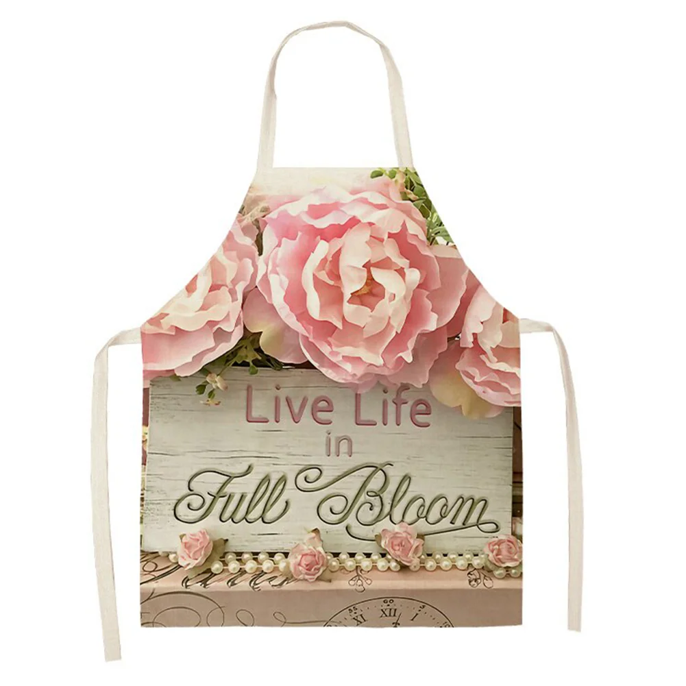 Linen Print Apron - Flower - Waterproof - 82x68cm