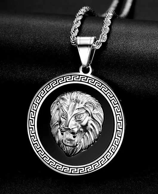 Fashion Lion Pattern Rhinestone Inlay Pendant Titanium Necklace Okaywear
