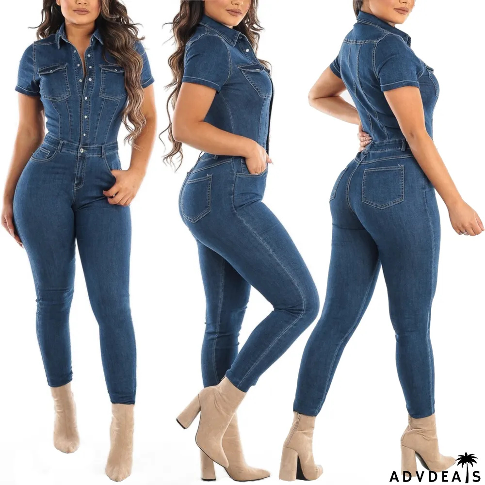 Summer Short Sleeves Denim Fit Jumpsuit