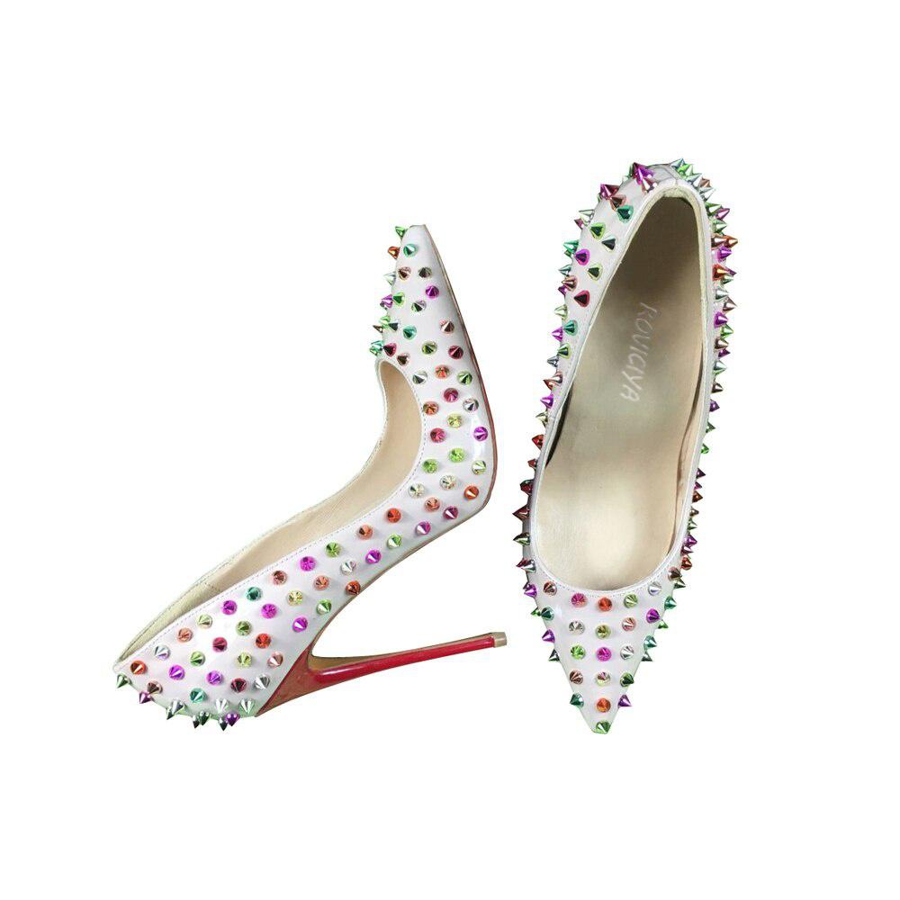 GOOSHOE Colourful Rivet Shoes Women Patent Leather Pointed Toe 12cm High Heels Women Pumps 10cm Stilettos