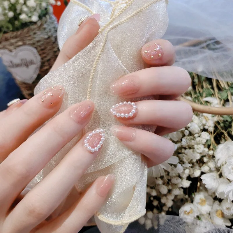 Bride Shining Rhinestone Wedding False Nails Ladies Simple Fashion French Fake Nails White Beige Acrylic Nail Tips With Glue-Nail Inspo