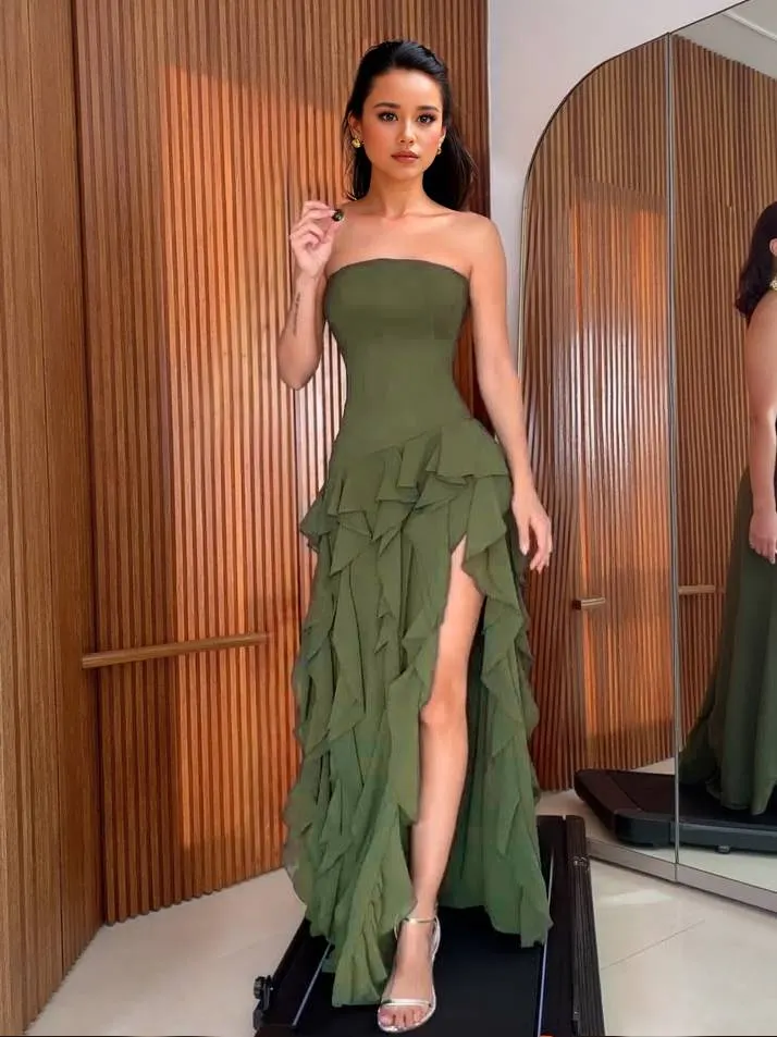 Tube Top Multi-layer Ruffled Side Slit Maxi Dress