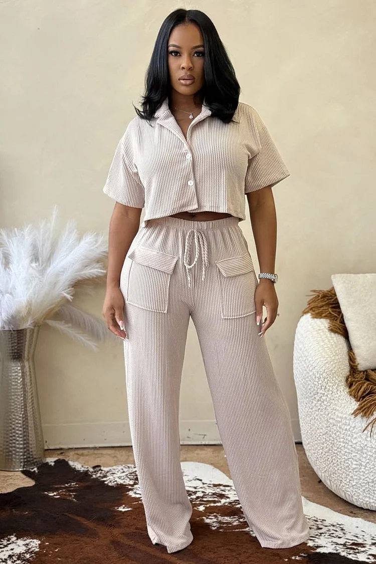 Pit Stripe Lapel Collar Blouse Wide Leg Pants 2pcs Set-Beige [Pre Order]
