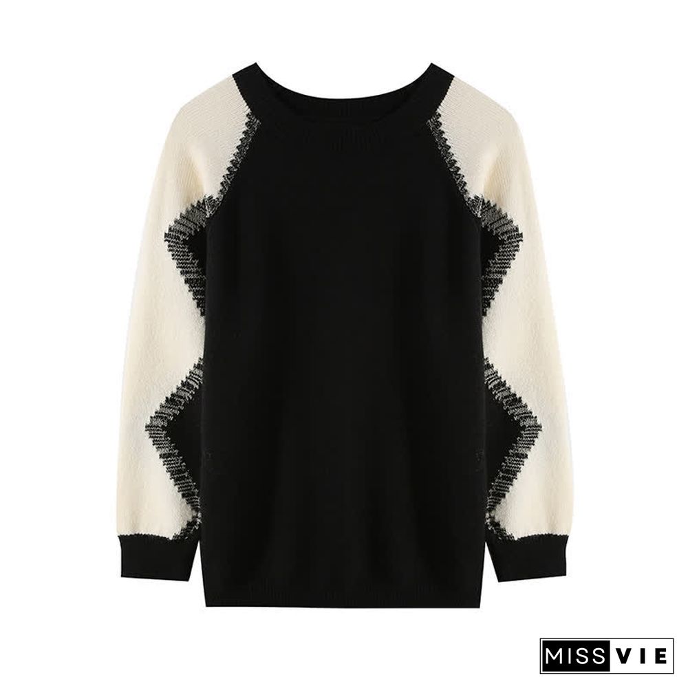 Chic Colorblock Round Collar Knit Loose Sweater