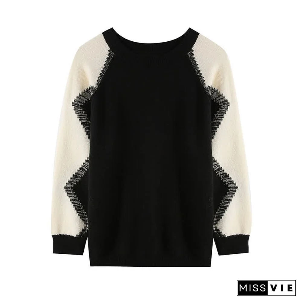 Chic Colorblock Round Collar Knit Loose Sweater