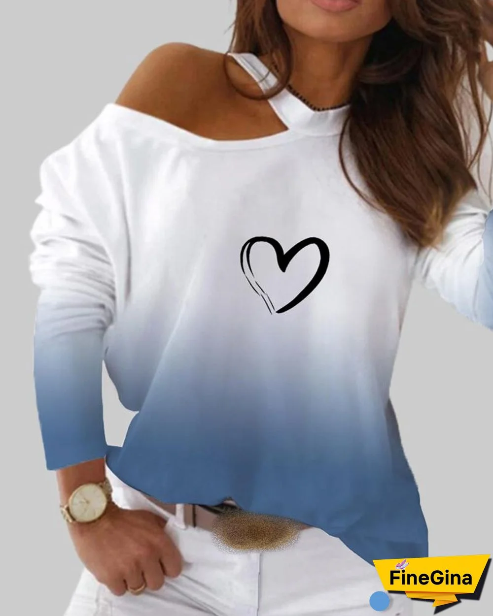 Colorblock Heart Print Cold Shoulder Top P10944