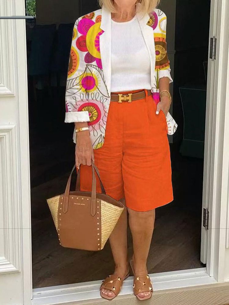 Women's Printed Top Solid Shorts Two-Piece Suit
