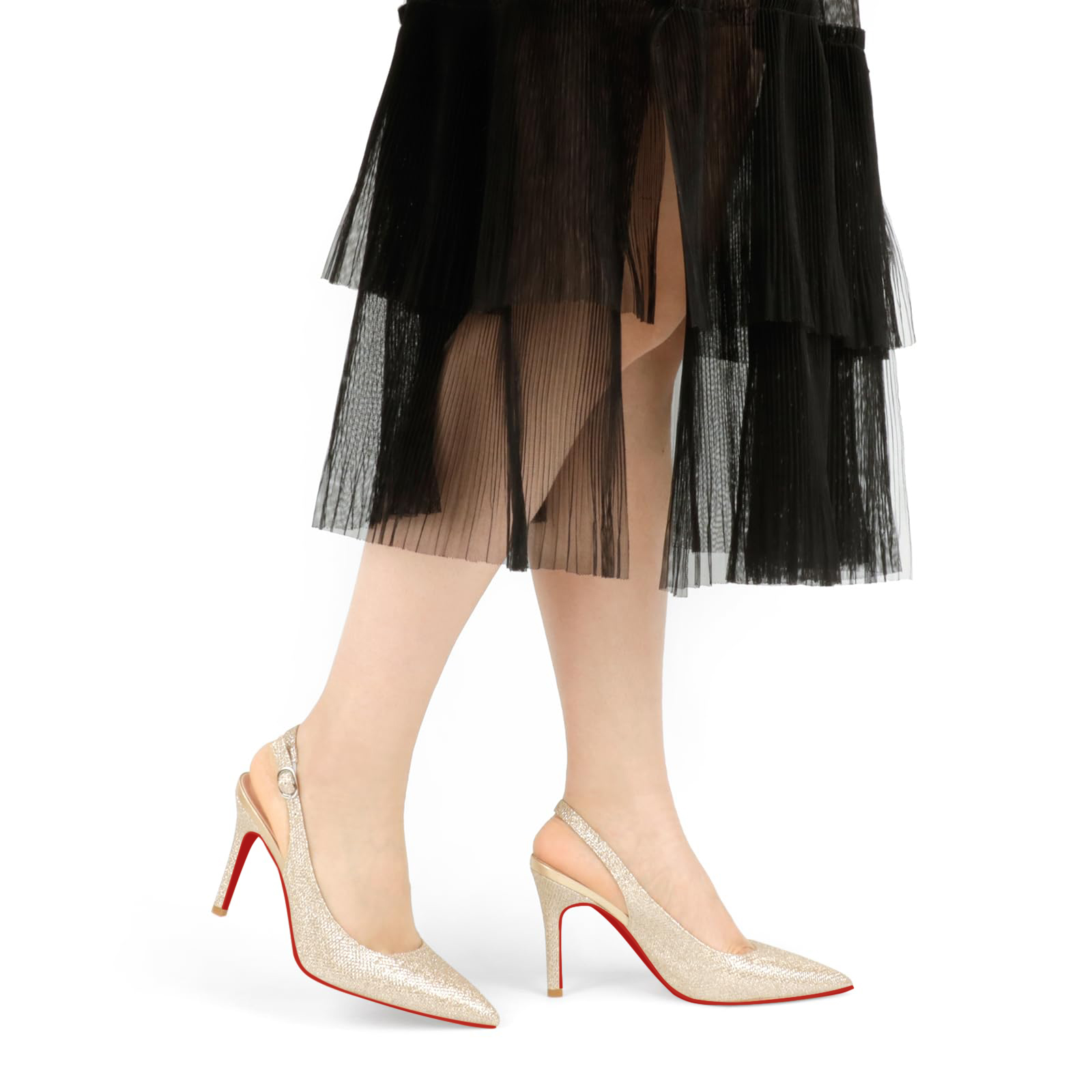 90mm Women's Mid Heels Red Bottoms Glitter Slingback Pumps  Daily Pointed Toe Party Wedding Sandals-MERUMOTE