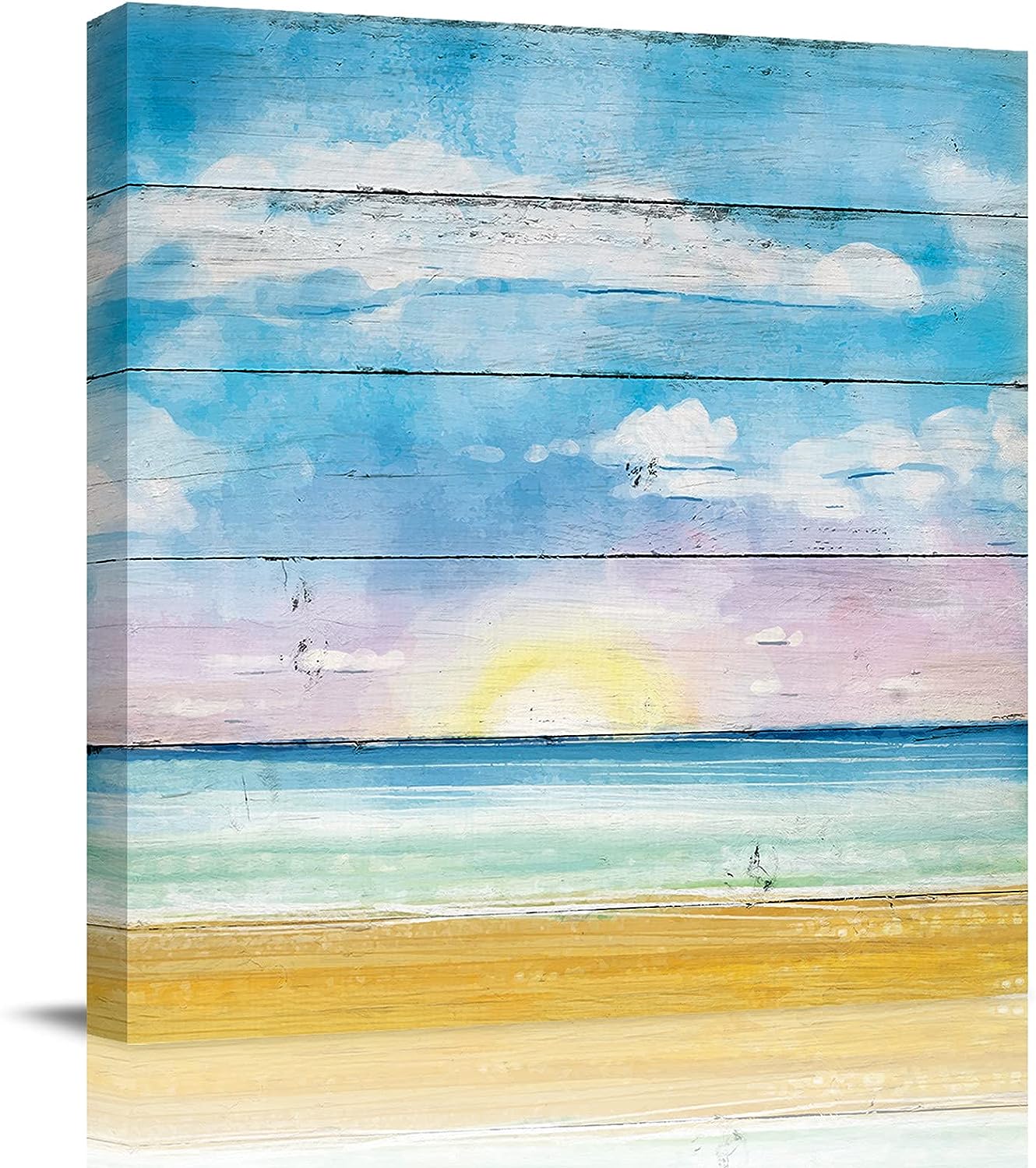 Canvas Wall Art for Living Room Beach Ocean Bule Sky White Clouds Watercolor Wood Grain Picture Framed Wall Canvas Prints for Holiday Bedroom Bathroom Framhouse Office Home Decoration, 8 inch x8 inch  8 x 8 in
