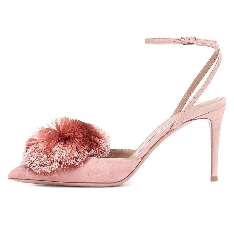 Pink Pom Pom Slingback Pointy-Toe Stilettos - Ankle Strap Heels Vdcoo