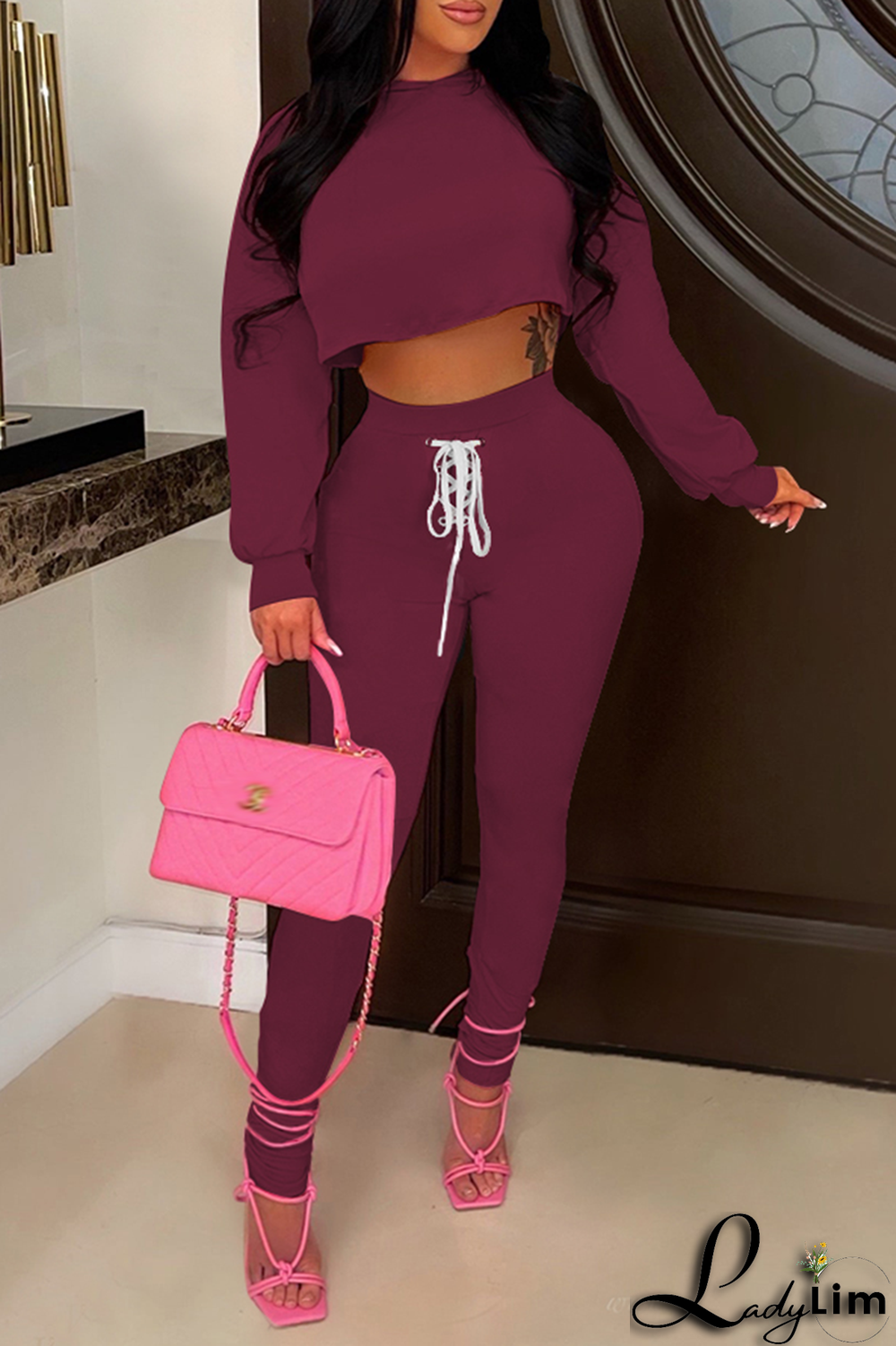 Blue Fashion Solid Patchwork V Neck Long Sleeve Two Pieces