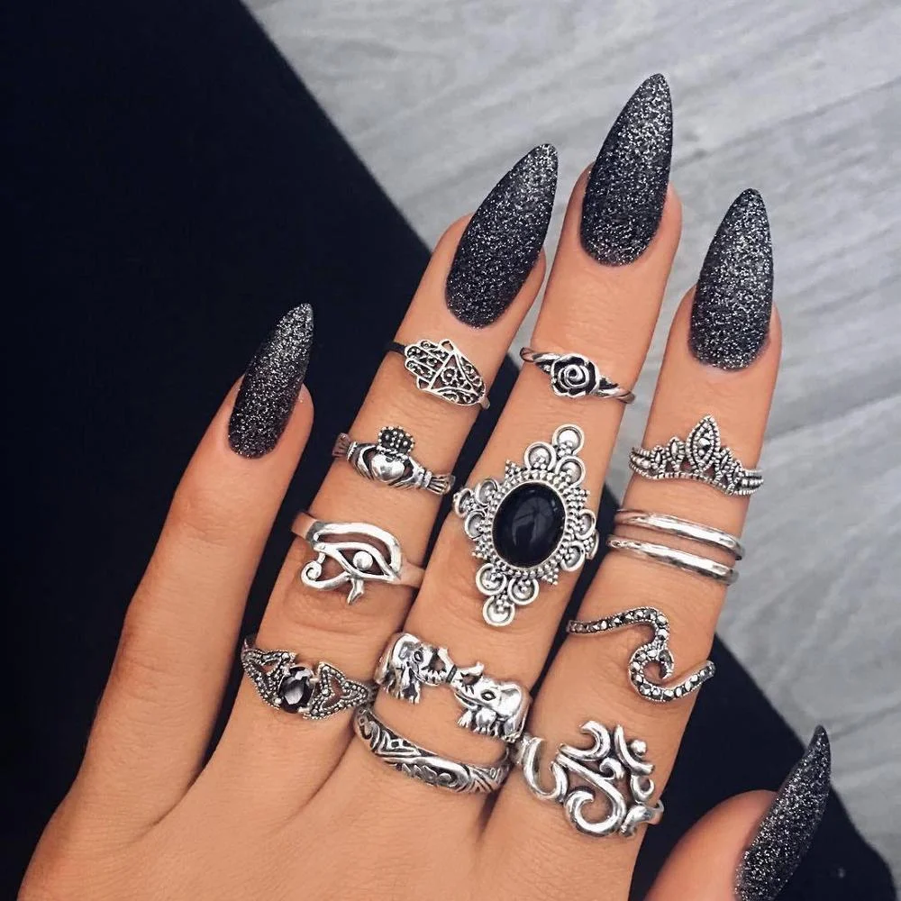 11 Pcs/set Bohemian Retro Gem Geometry Cross Peach Heart Crown Ring Set Lady Charm Jewelry Bff Dating Valentine Day Gift