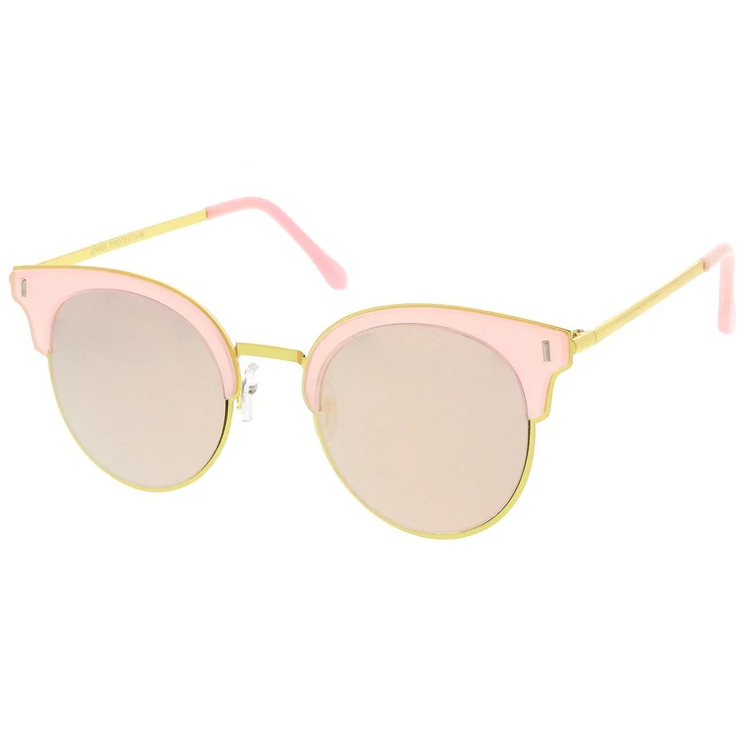 Modern Half Frame Round Colored Mirror Flat Lens Horn Rimmed glasses 49mm