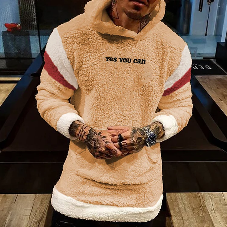 Fashion Contrast Yes You Can Stitching Embroidery Fleece Hoodie
