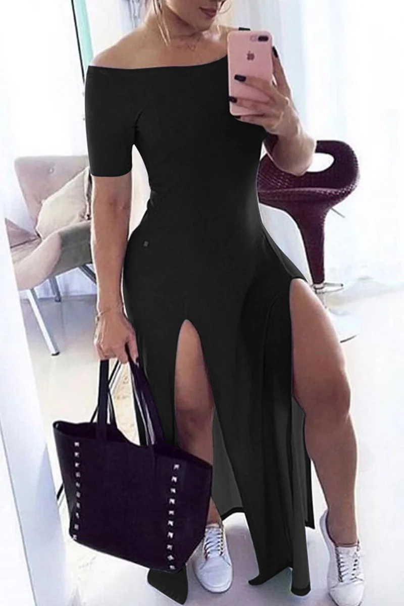 Black Sexy Casual Solid Slit Off the Shoulder Short Sleeve Dress | EGEMISS