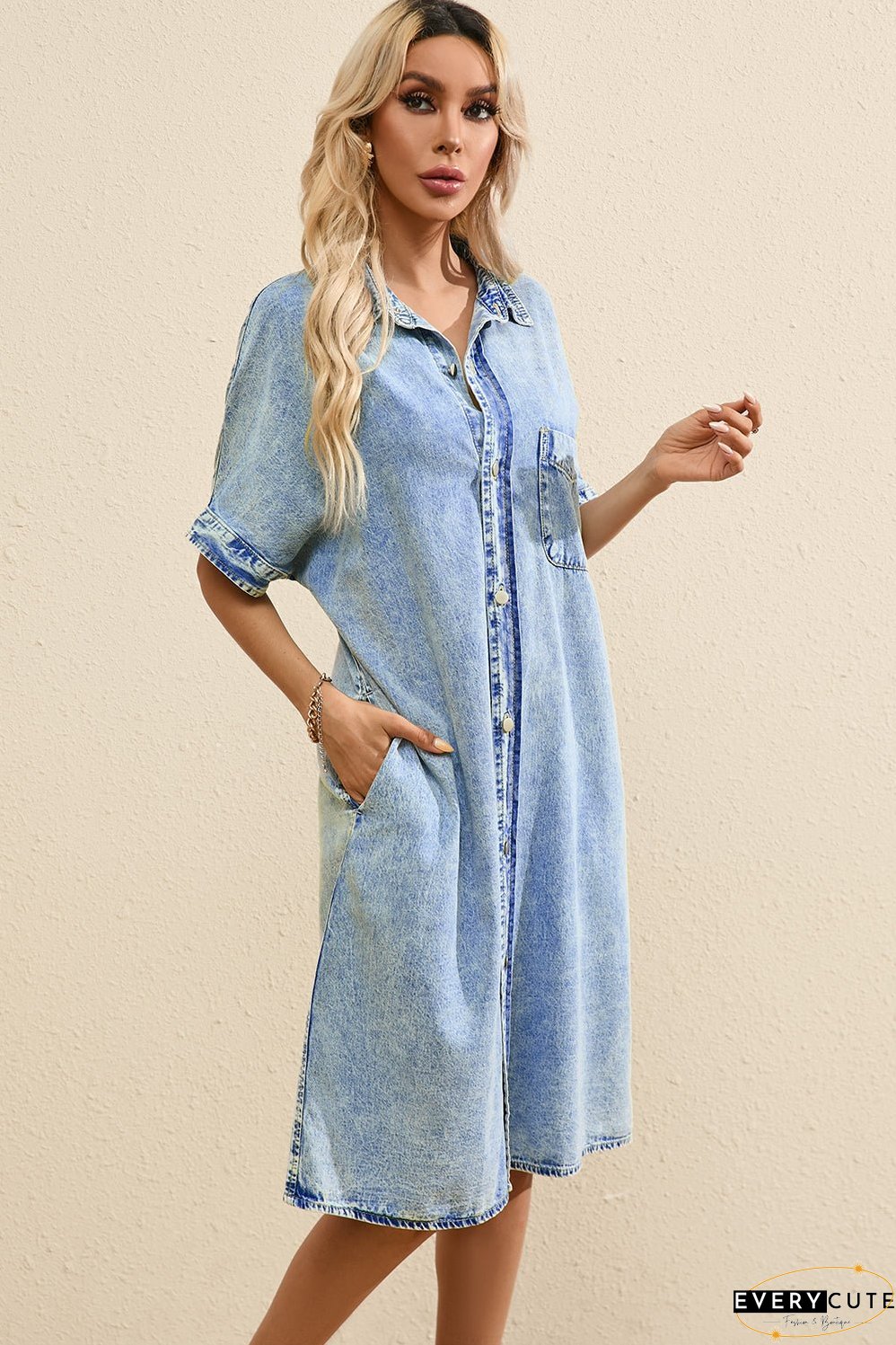 Denim Shirt Dress with Button Pockets