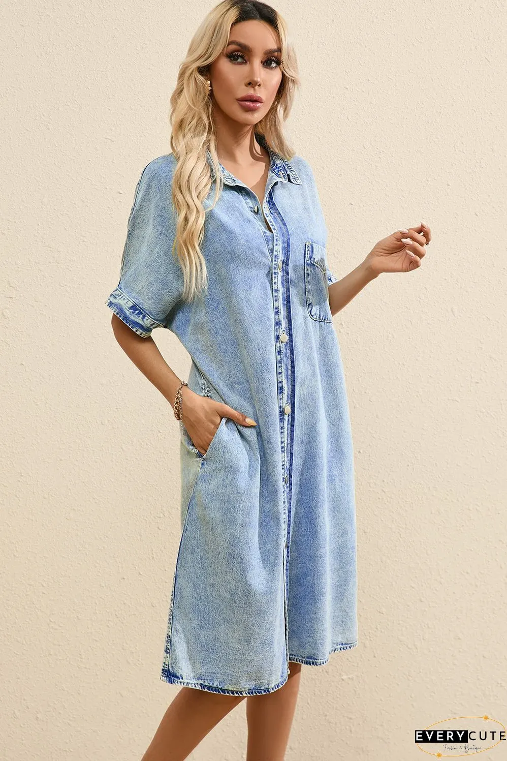 Denim Shirt Dress with Button Pockets
