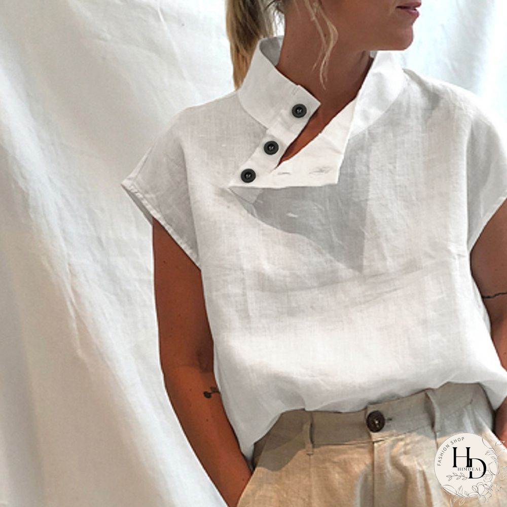 Summer Women Batwing Short Sleeve Blouse Cotton Linen High Collar Casual Loose Shirt Plus