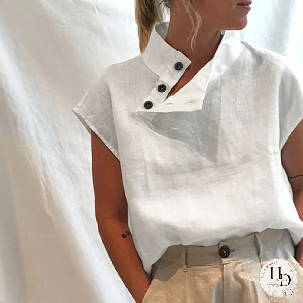 Summer Women Batwing Short Sleeve Blouse Cotton Linen High Collar Casual Loose Shirt Plus