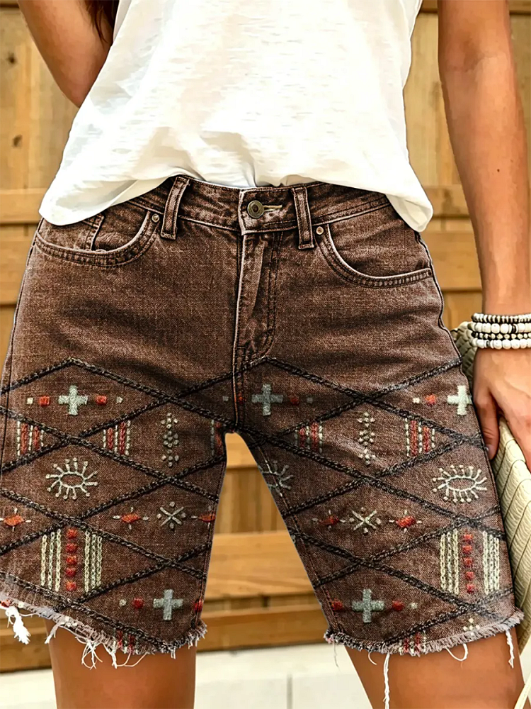 Women's Vintage Floral Print Denim Shorts