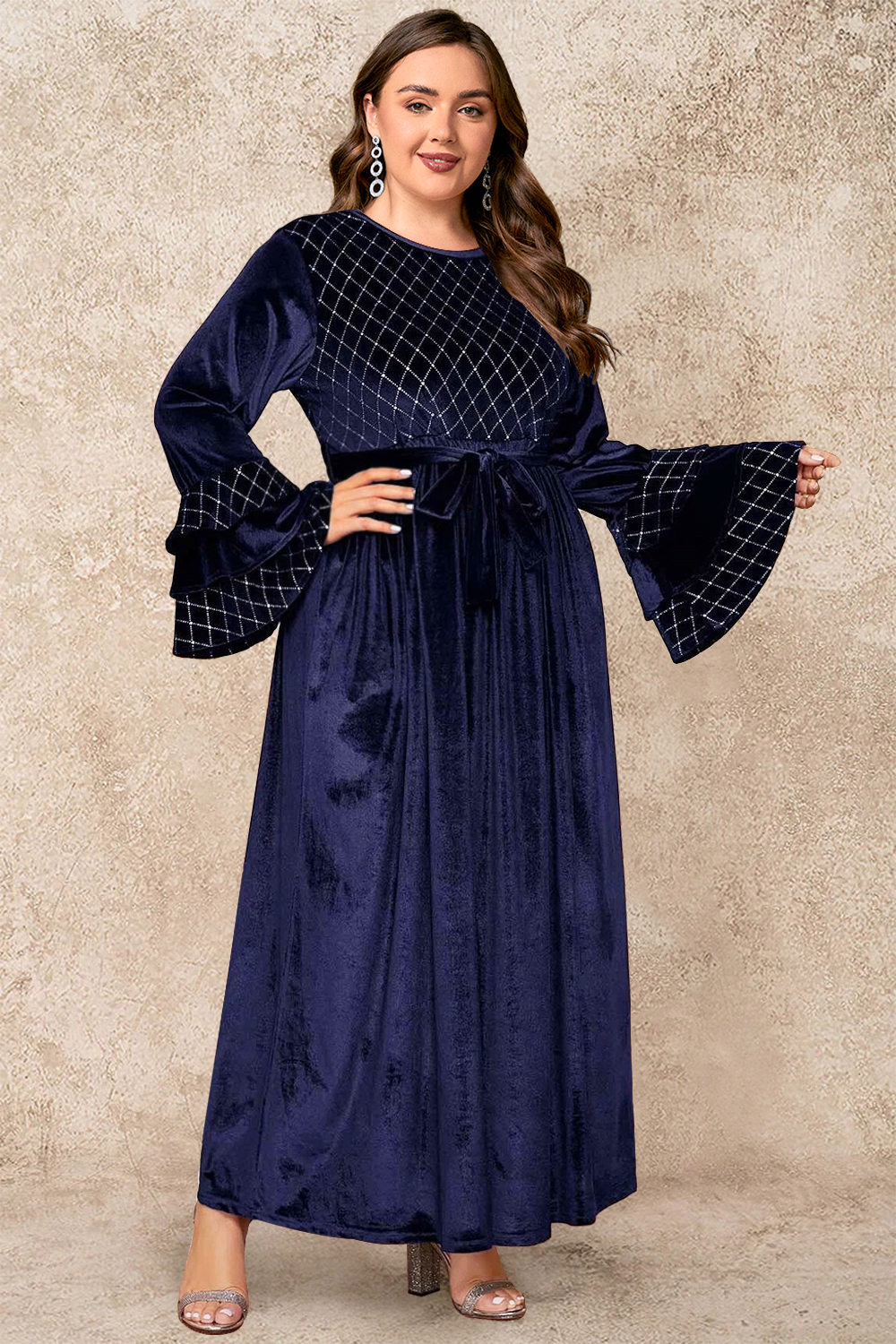 Plus Size Formal Navy Blue Velvet Bronzing Print Flare Sleeve Tunic Maxi Dress 2024 - Flycurvy 