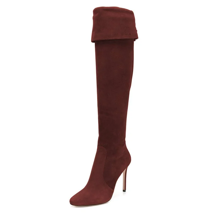 Burgundy Vegan Suede Stiletto Boots Over the Knee Boots |FSJ Shoes