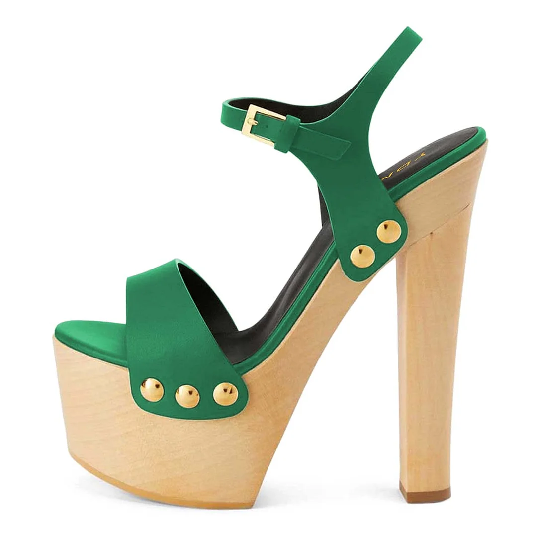 Green Studded Open Toe Ankle Strap Clog Heels with Platform