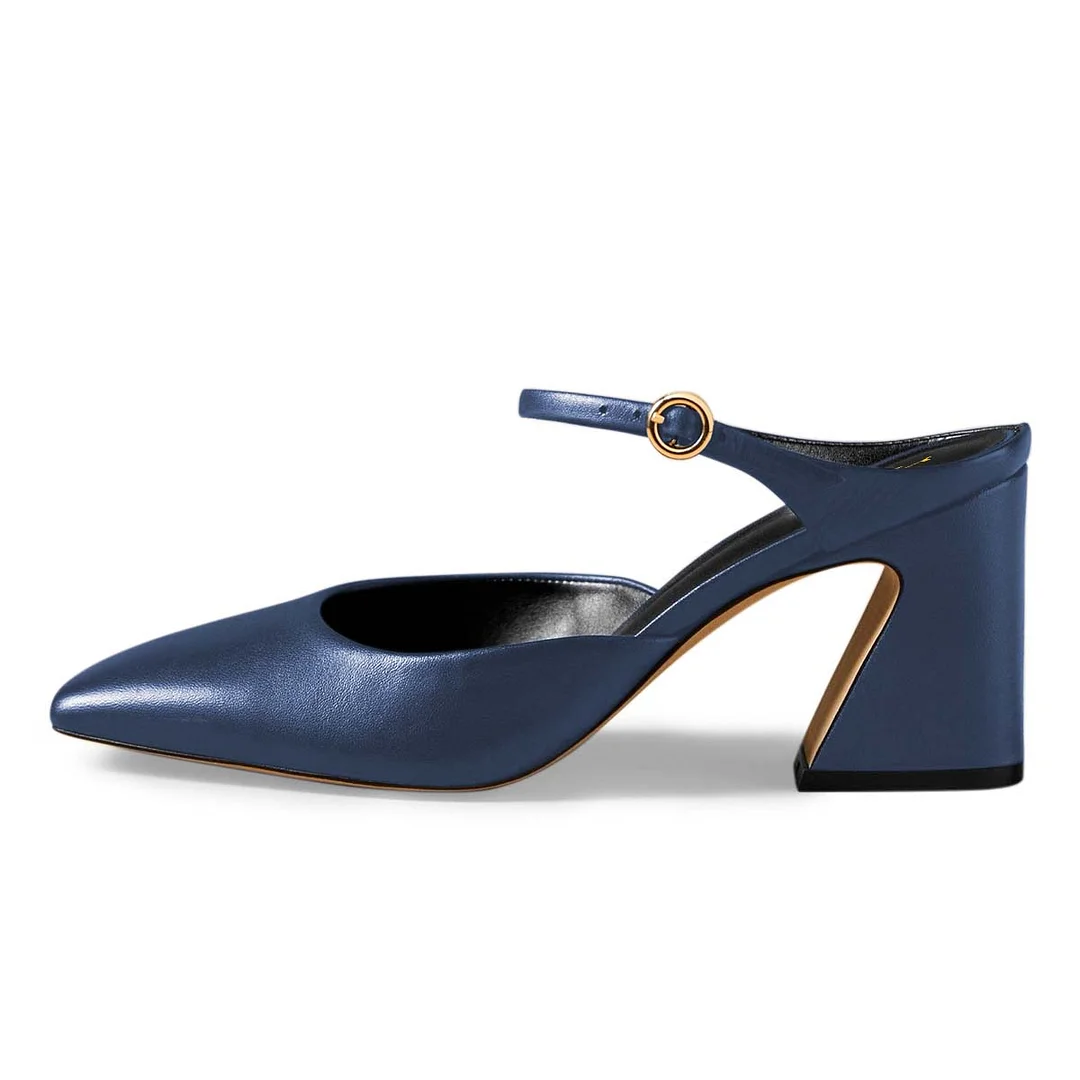 Shiny Dark Blue Vegan Leather Square Toe Classy Heel Mary Janes