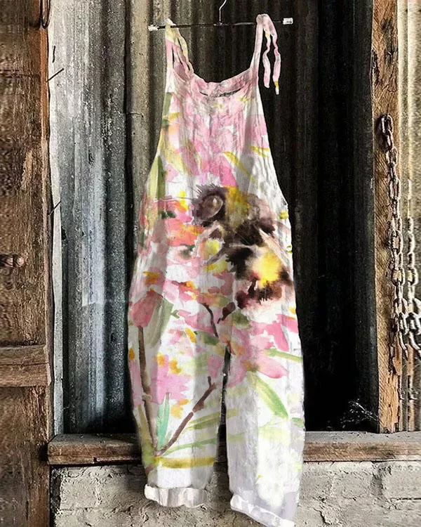 Women's Bee Flower Pattern Loose Casual Jumpsuit