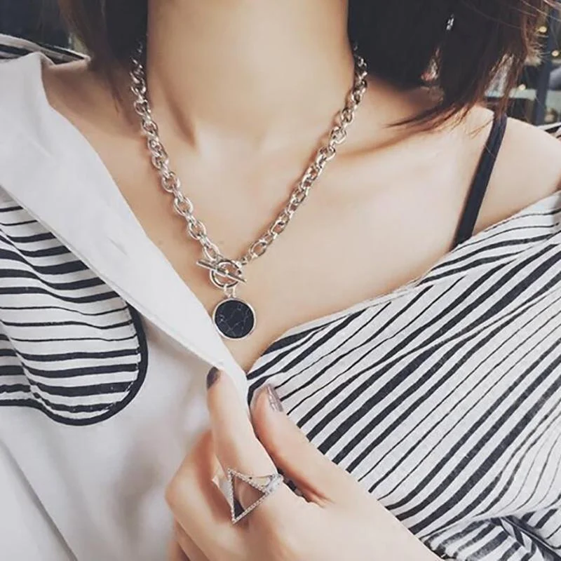 Smooth Black Round Marble Pendant Necklace and Bracelet Jewelry