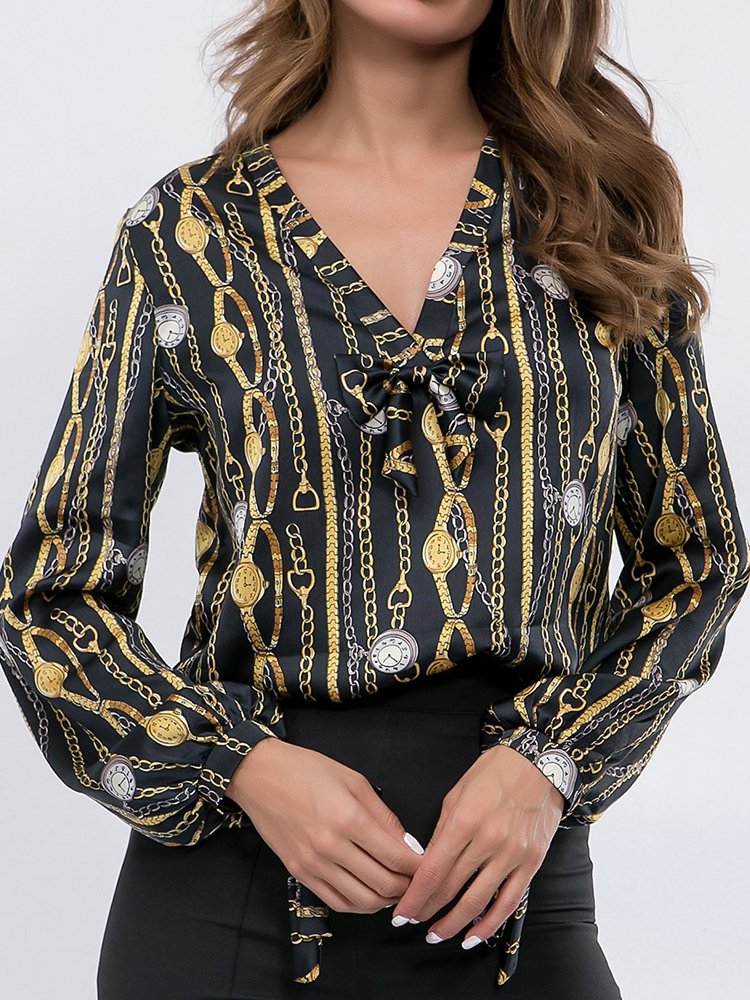 Bohemian Print Tie Long Sleeve Women Blouse P1410494
