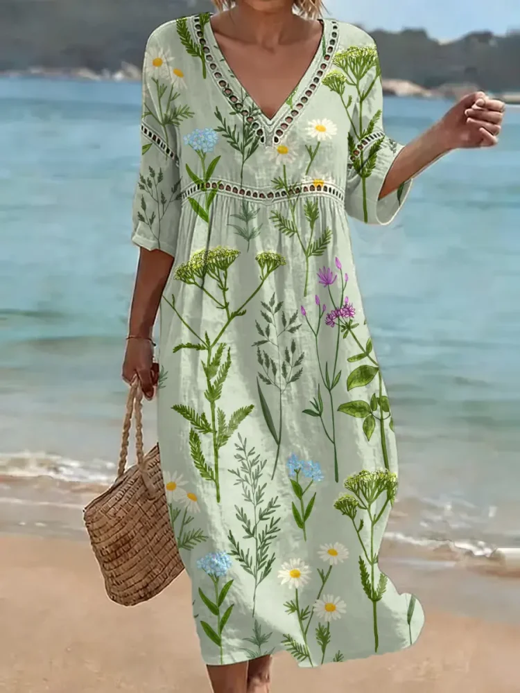 Women's Retro Floral Pattern Art Print Casual Stylish Cotton Linen Dress