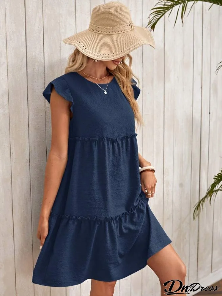 Women's Round Neck Ruffle Sleeve & Hem Solid Color Simple Elegant Dress