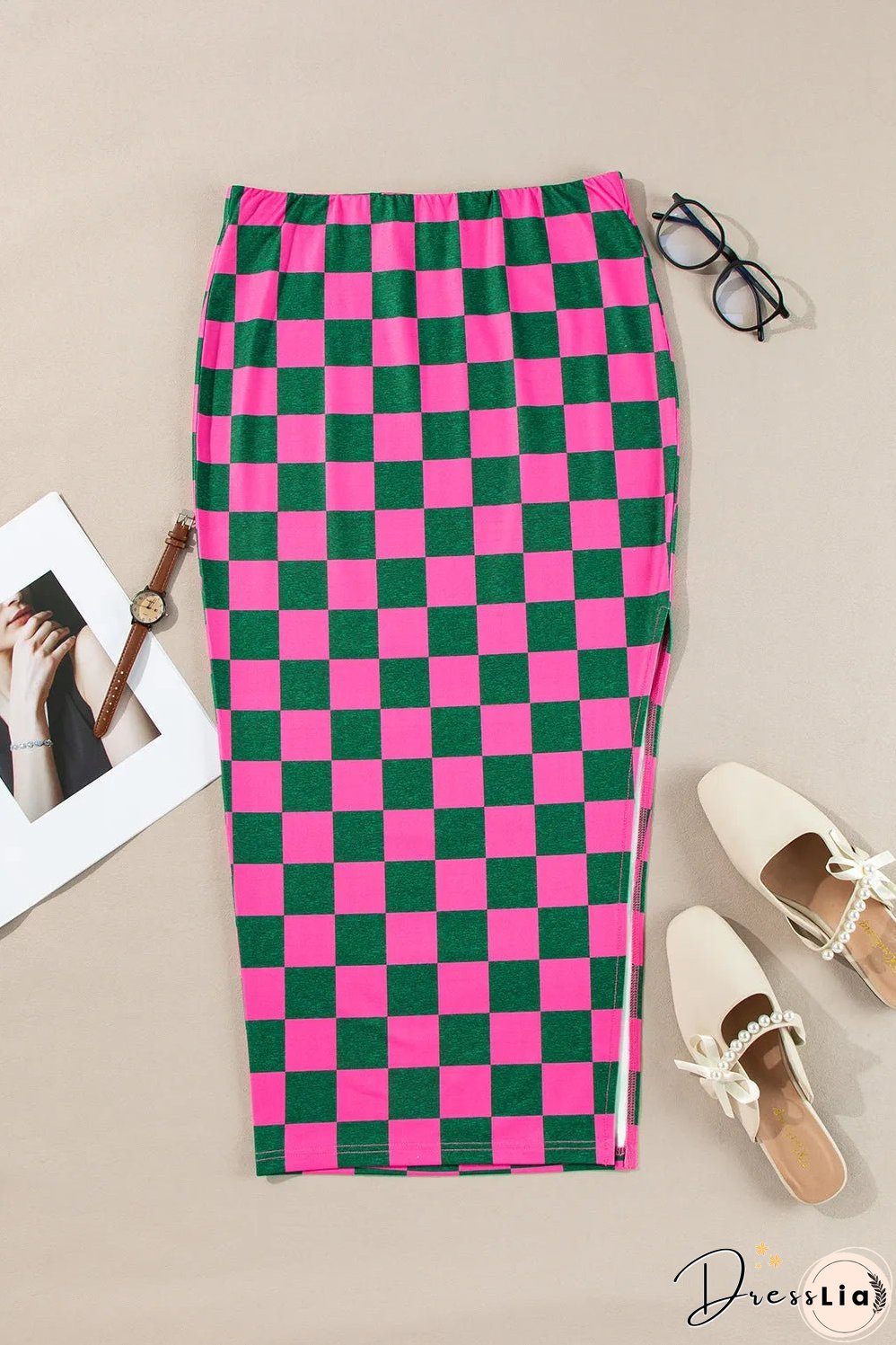 Rose Checkered Print Side Slit High Waist Midi Skirt