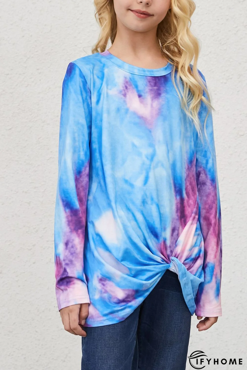 Sky Blue Tie Dyed Twist Knot Girl's Long Sleeve Top | IFYHOME