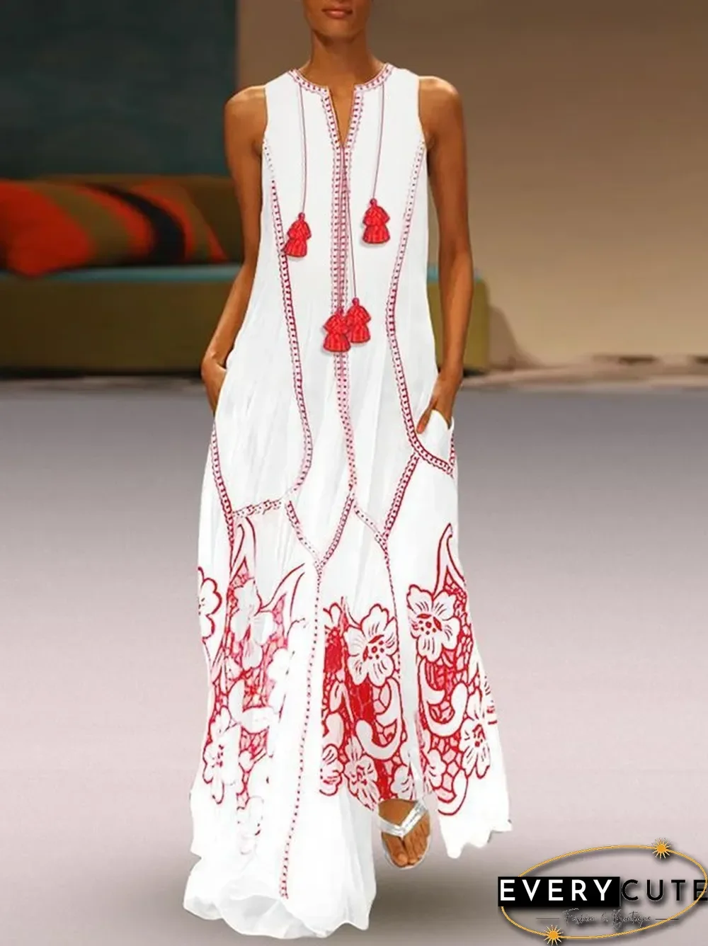Plus Size Women White Casual Sleeveless Floral Linen Maxi Dresses
