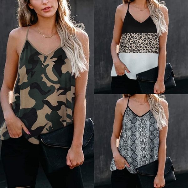 Summer Fashion V Neck Sleeveless Spaghetti Strap Top Camo Print Leopard Snake Print Casual Loose Ladies Camisole - Life is Beautiful for You - SheChoic