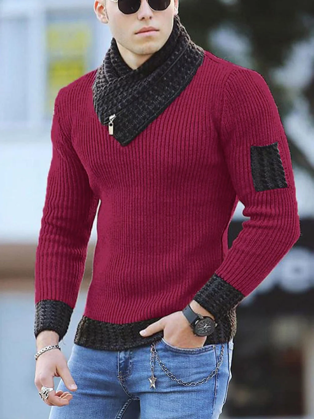 Mongw Mongw Men's Casual Slim Knit Jumper Long Sleeve Scarf Neck Sweater Men's Wear