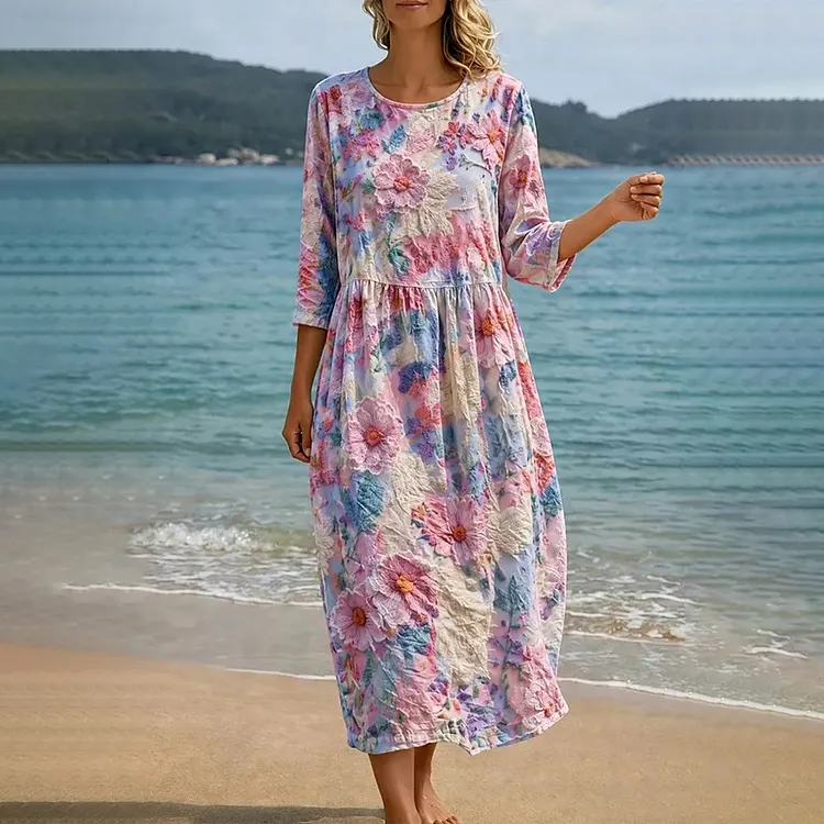 Women's Retro Floral Pattern Casual Linen Dress