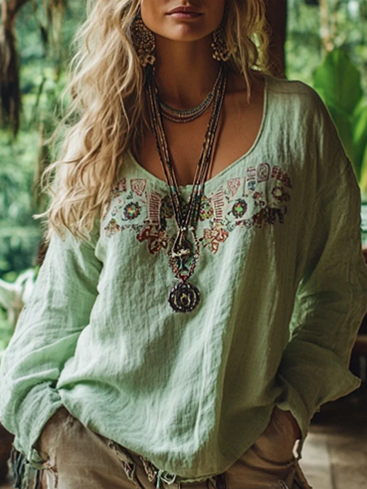 Bohemian Vacation Vintage Linen Print Casual Long Sleeved Top