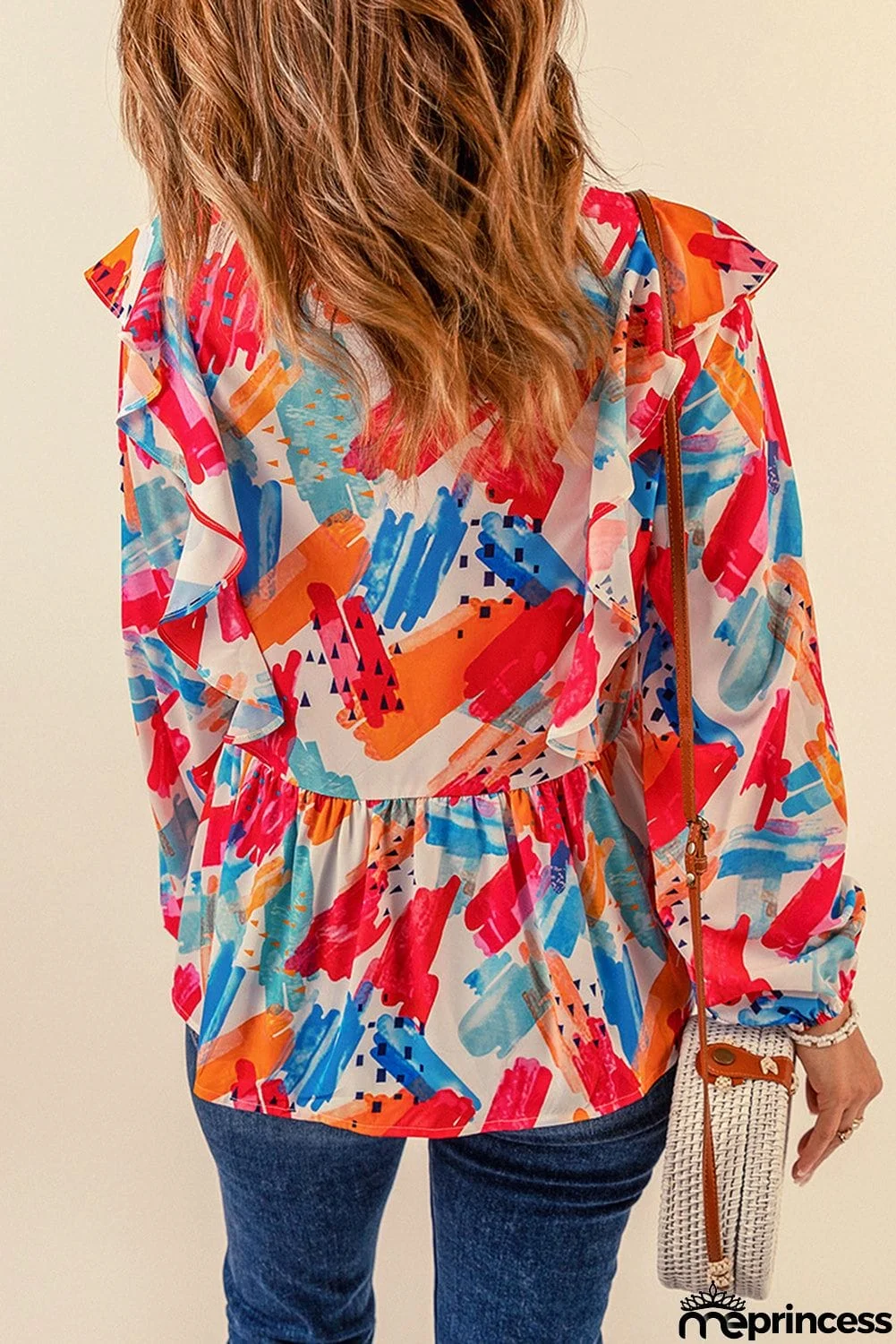 color Paint Print Ruffled Detail Loose Blouse
