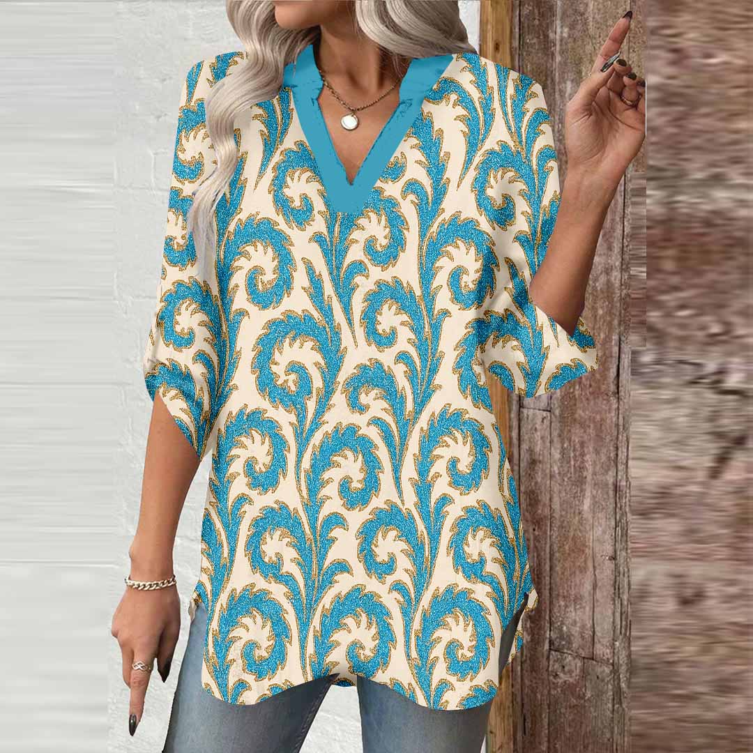 Women Retro, Blue, White DZGA0396 3/4 Sleeve V-neck Printed Graphic Button Tops
